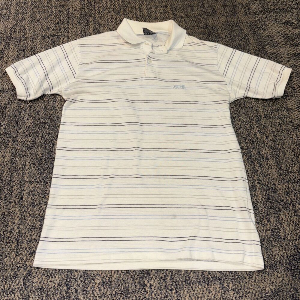 VINTAGE Le Tigre Polo Shirt Mens M Gray/Blue Striped Tiger Logo Made USA 80s